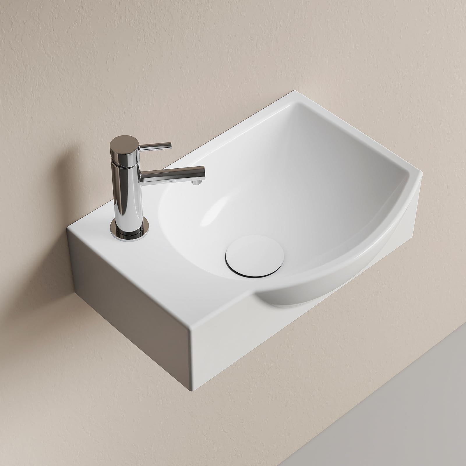 EMKE Lavabo colgante 405 x 280 x 140 mm - Lavabo compacto y elegante para baños pequeños y WC para invitados - Grifo izquierdo, instalación en pared, color blanco brillante