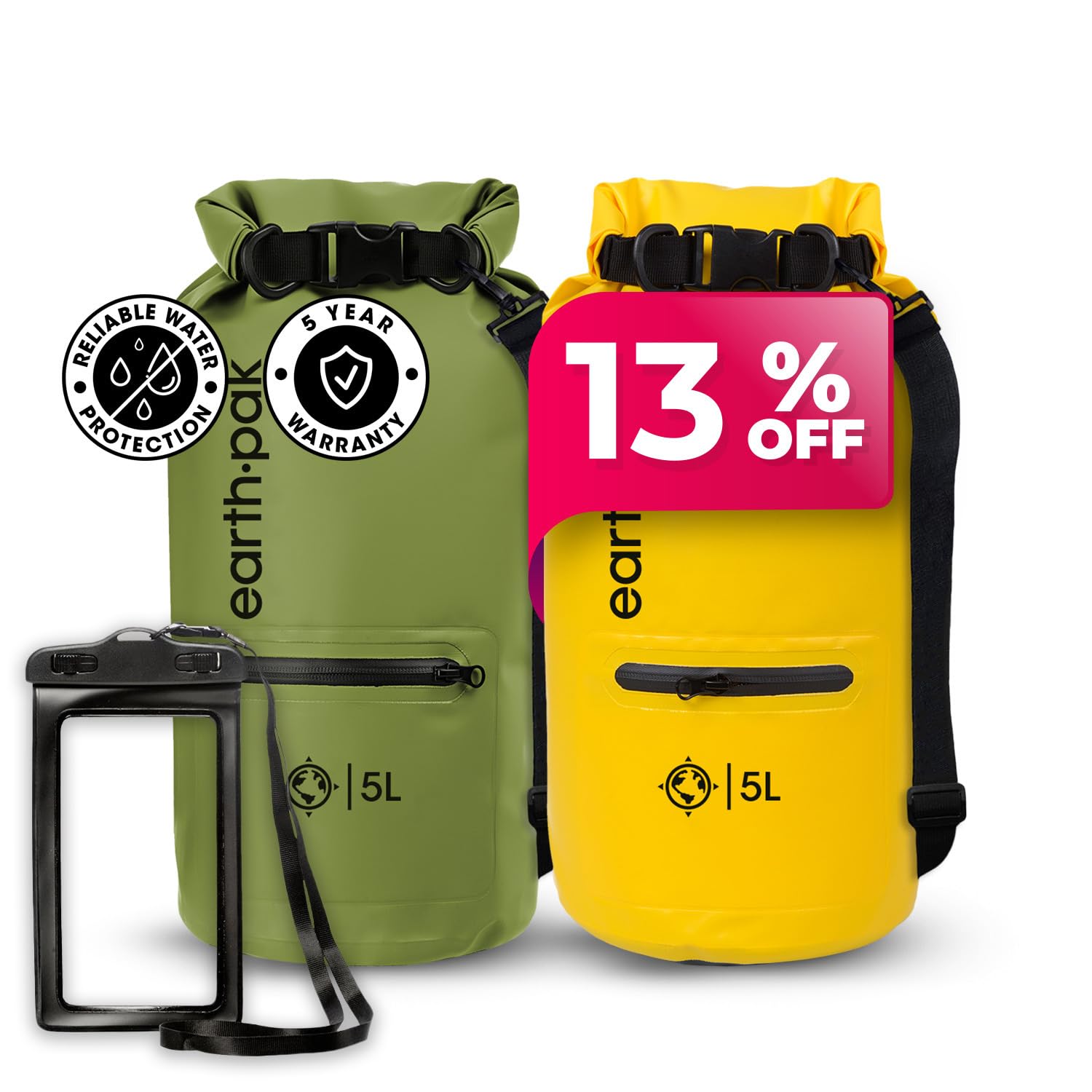 Earth Pak Waterproof Dry Bag with Zippered Pocket - Waterproof Dry Bag Backpack Keeps Gear Dry (5L Green & 5L Yellow)