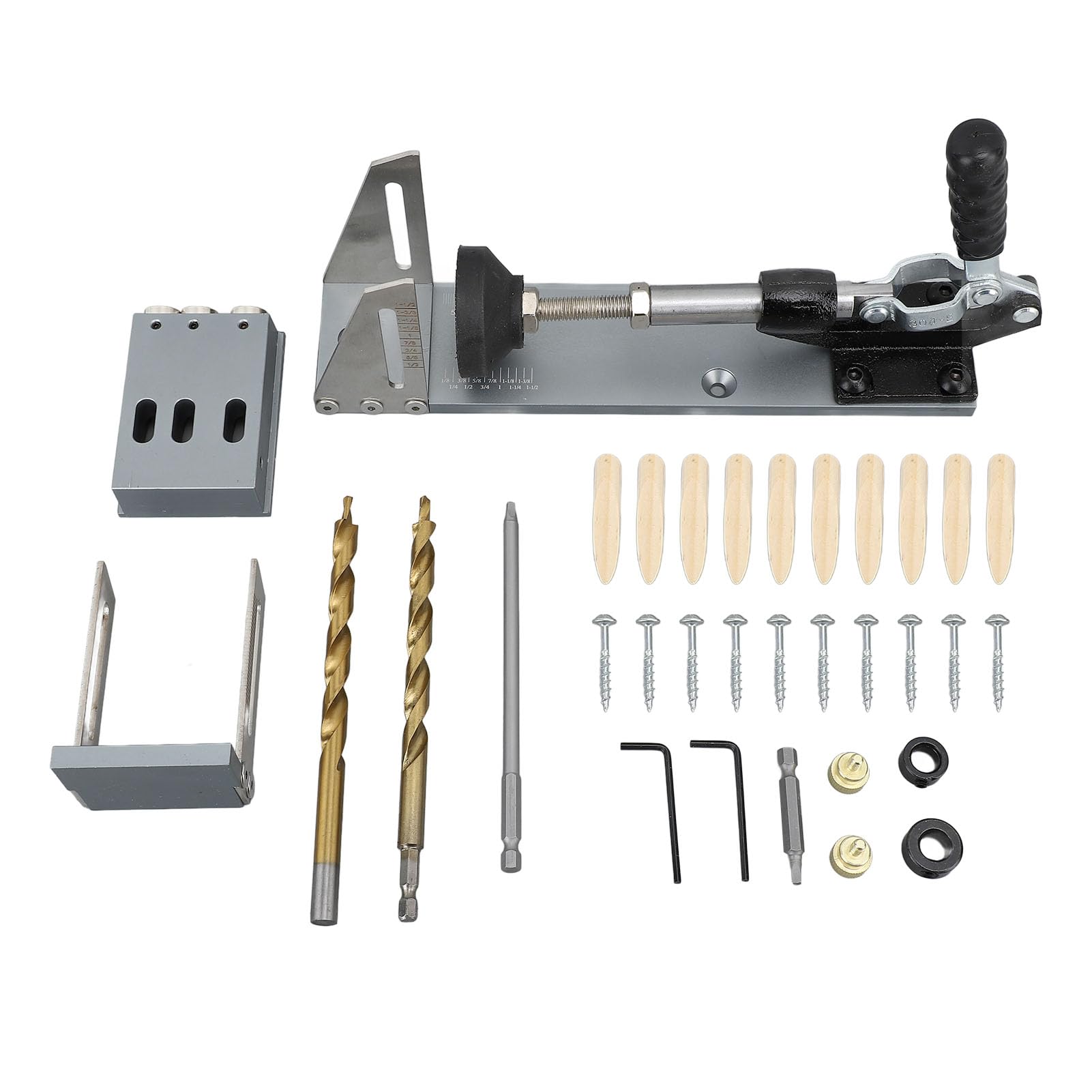Kit professionale per fori a tasca con regolazione dell'angolo per progetti di falegnameria fai-da-te, in lega di alluminio e legno massello, set da 33 pezzi, 27x6 cm.
