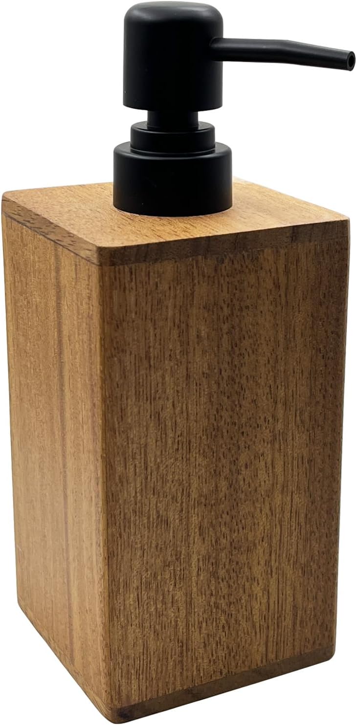 Wooden Soap Dispenser, Round Lotion Bottle, Square Pump Bottle, Brown Soap Dispenser for Bathroom, Kitchen, Vanity, Countertop (Round-(13.53 fl oz))
