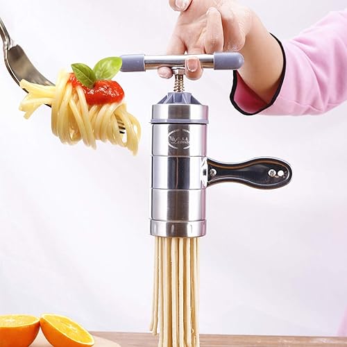 Miniatura 6 de Máquina de fideos manuales de acero inoxidable, máquina de prensa portátil para hacer pasta, herramientas de fabricación de espaguetis con 5 moldes