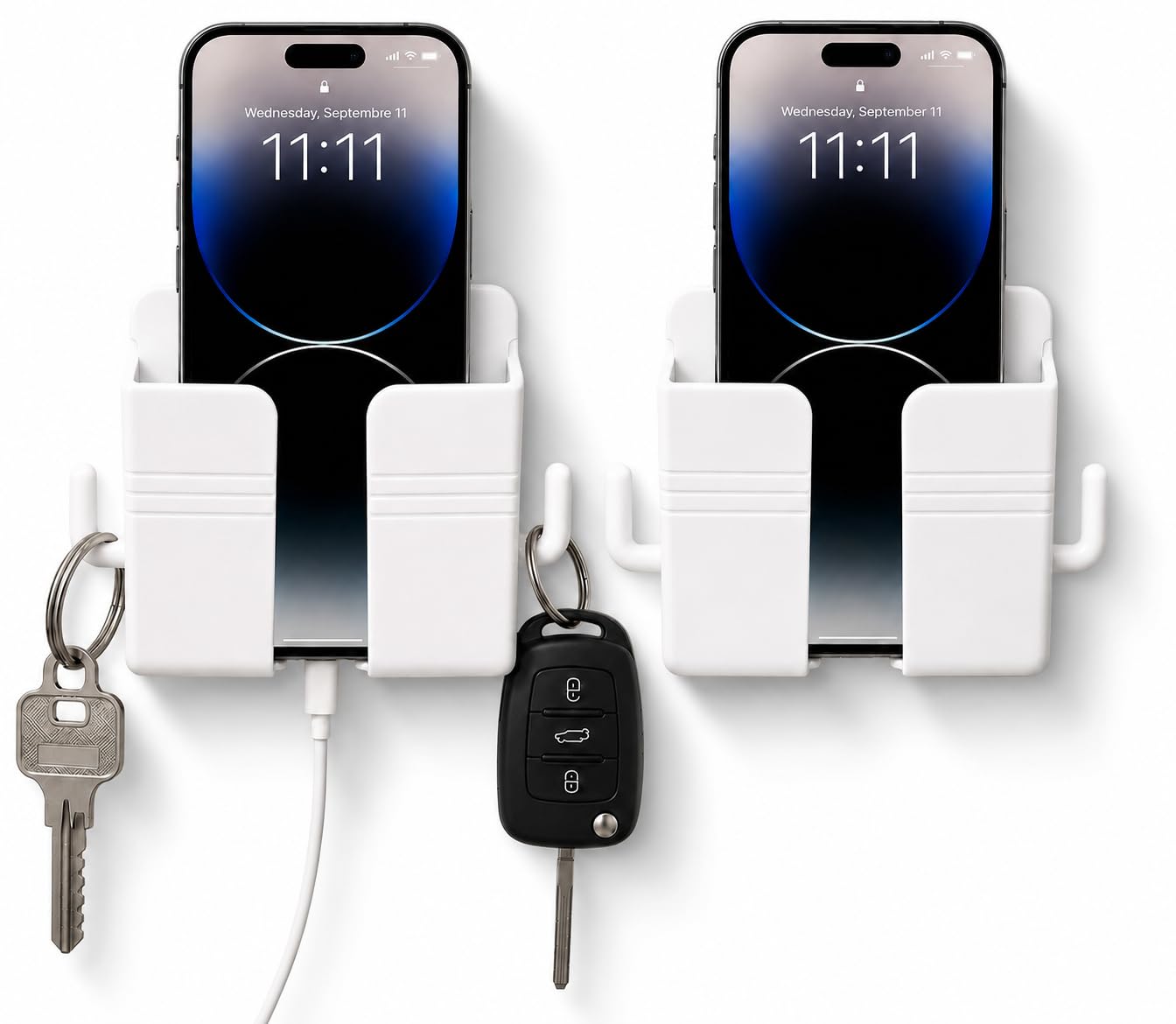2 Pcs Mobile Stand for Wall | Wall Mounted Phone Holder with Dual Hooks | Self Adhesive Mobile Charging Stand | Wall Phone Holder for Charging, Key, Remote Storage for Home & Office, White-image-29
