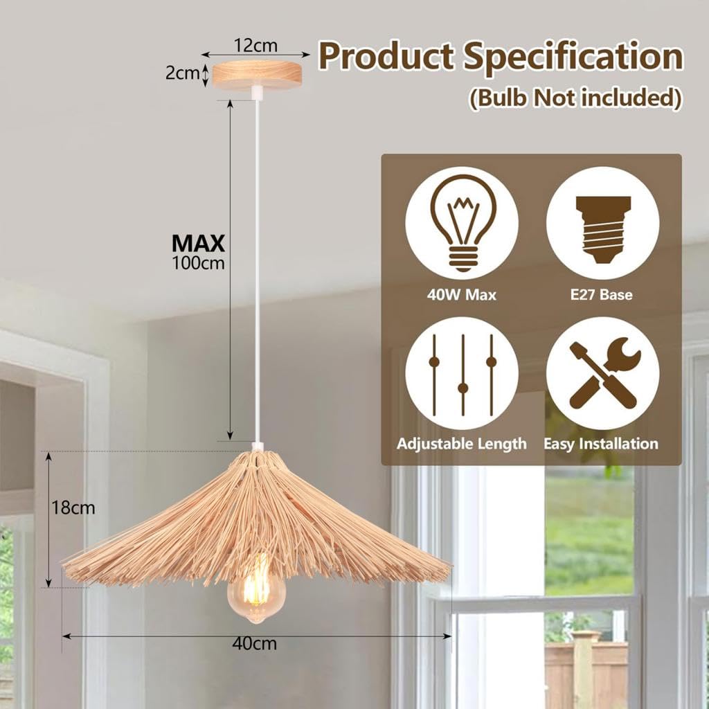 2 piezas Lámpara de Techo Colgante Bambú Natural Lámparas Colgantes Retro E27 Boho Plafón de Techo Creativa Paja Luz de Araña Decorativa para Comedor,Cocina,Salon,Cafetería,A