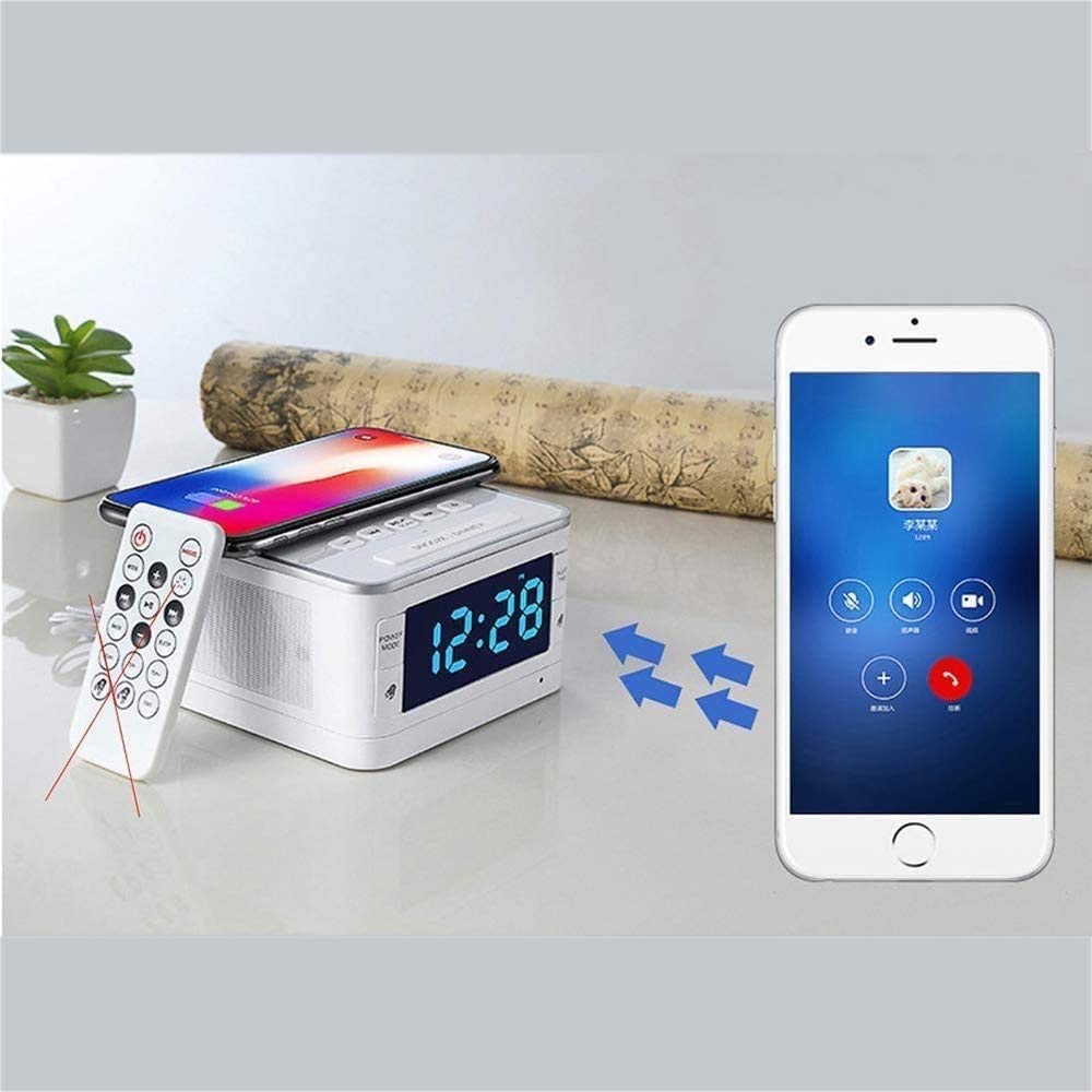 Sveglia Digitale con Ricarica Wireless, Grande GUIDATO Display, Altoparlante Bluetooth, Supporto Audio 2.1 Canale 5WX2 FM. Speaker Bluetooth 4.2 Radio Bluetooth TF/USB/AUX/LCD Sveglia elett