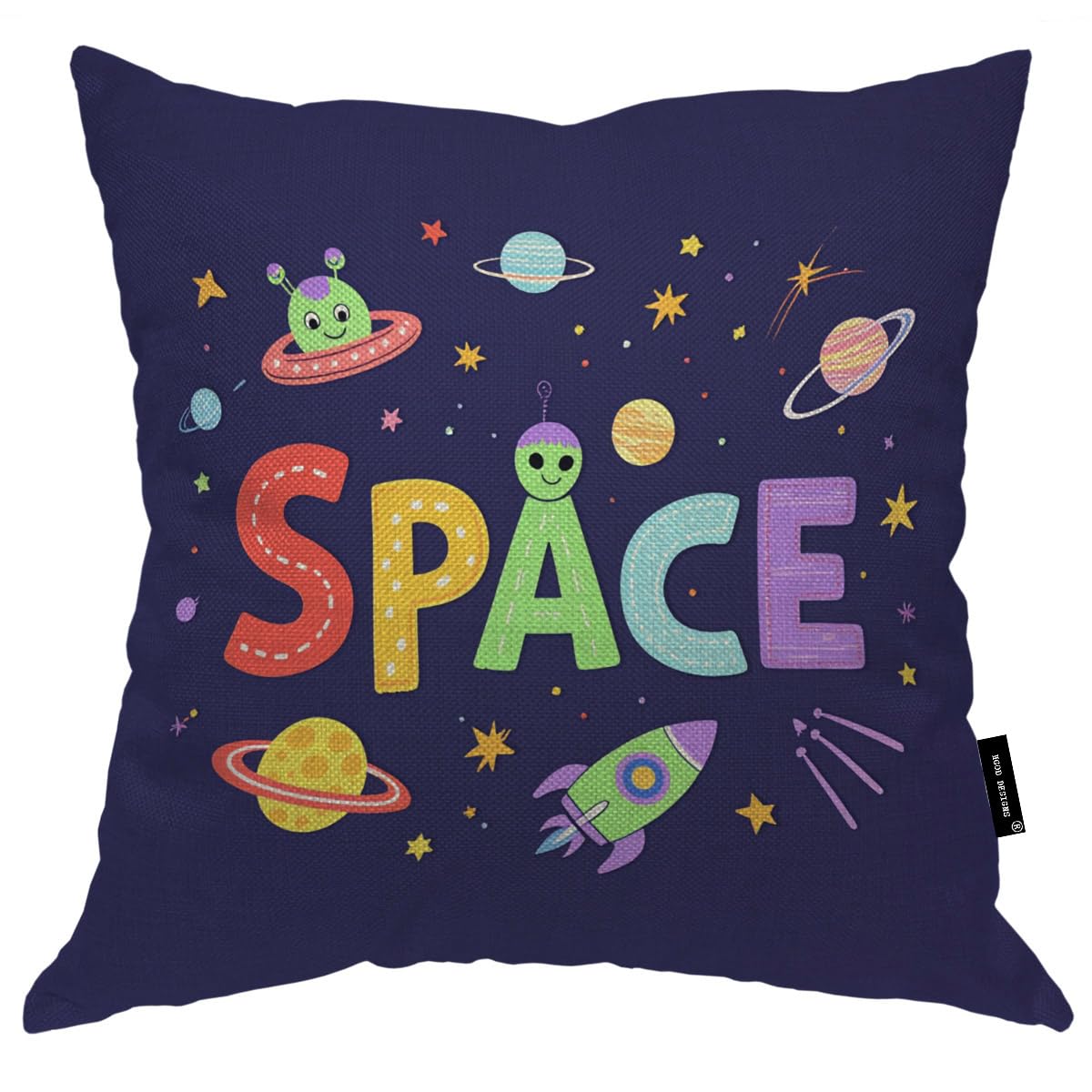 HGOD DESIGNS Space Pillow Cover,Cartoon Space Icons with Spaceship Flying Saucer Alien Stars and Planets Cotton Linen Cushion Covers Home Decorative Throw Pillowcases 18x18inch