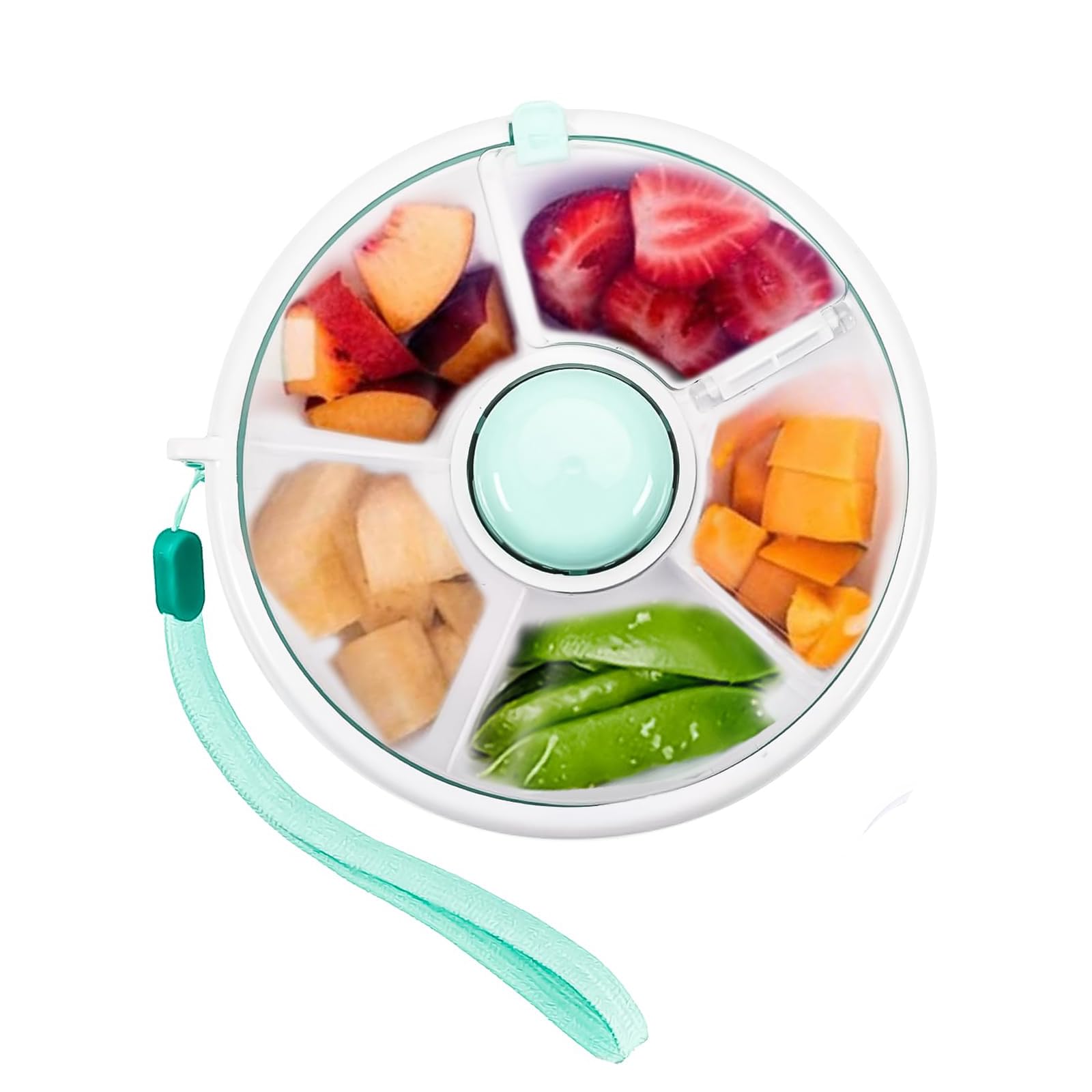 Spinner à snack rotatif, rangement pour enfants, portable, 18,3 x 18,3 x 6 cm, boîte à goûter ronde avec compartiments, assiette à collation avec couvercle pour collations, fruits, bonbons, noix (vert