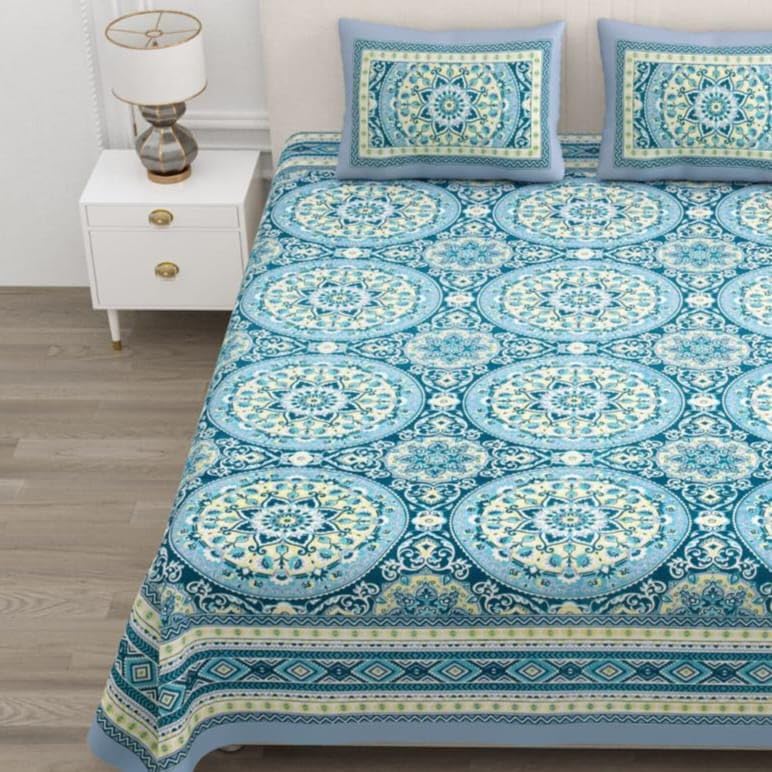 Image of Pure Cotton King Size Bedsheet Set with 2 Pillow Covers, Jaipur Design, Traditional Indian Pattern