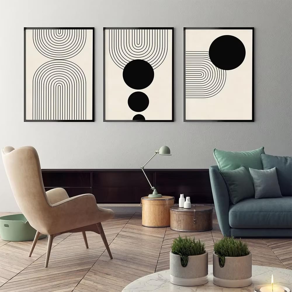 DFZEWKI Scandinavian Abstract Wall Art Geometric Beige and Black Arches Geometric Lines Poster Print for Living Room Decor(40x60cm(16x24in) x3/No frame)