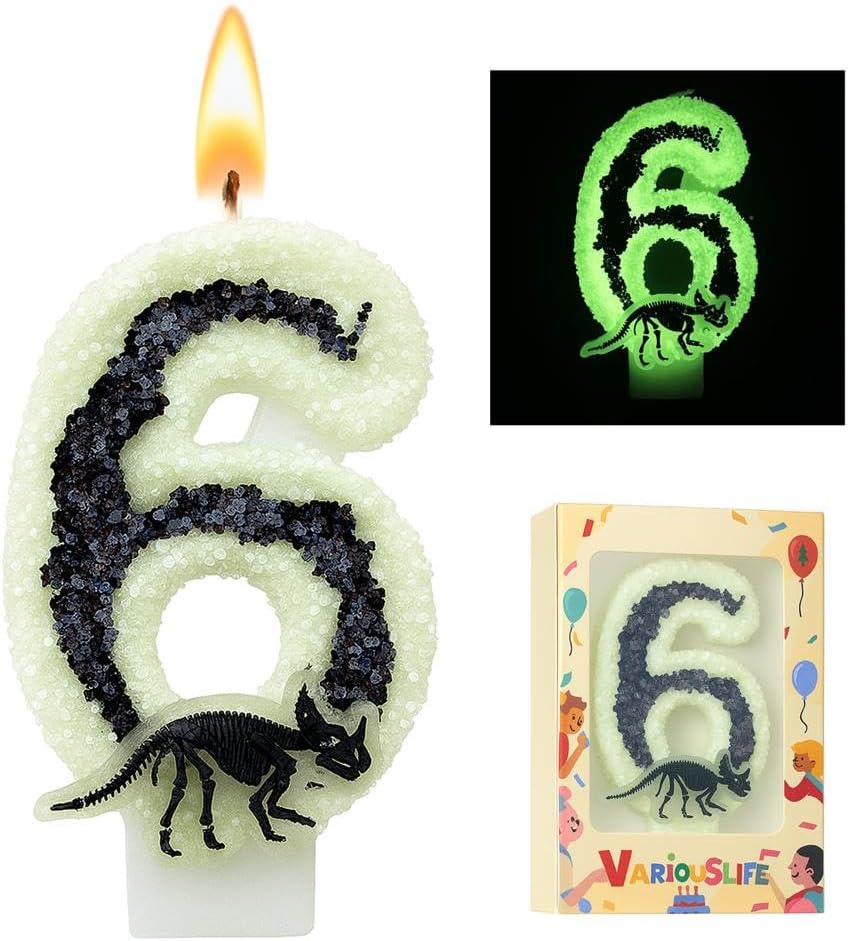 Glow in The Dark Dinosaur Birthday Candle Number 6 for Boy Jurassic Skeleton Theme Party