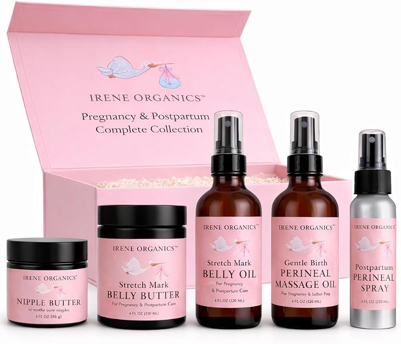 Irene Organics Belly Bundle – 5 Piece Pregnancy Skincare Gift Set with Organic Belly Butter & Natural Body Oil for Stretch Marks (5 piece set)