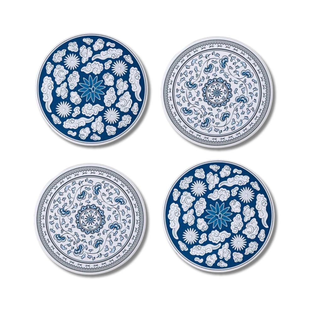 MU:DS Lot de 4 sous-verres coréens en céramique – Absorbants, antidérapants, motif vigne bleue et nuage inspiré de la poterie traditionnelle coréenne (bleu et blanc)