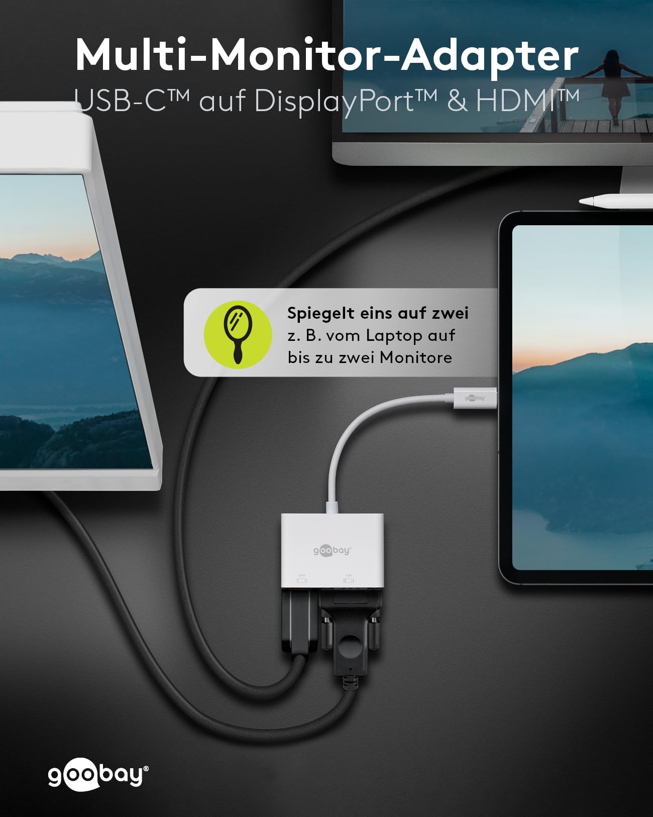 goobay 52430 Multiport Adapter USB-C auf HDMI + VGA - Auflösung bis 4k*2k@60Hz (HDMI) / 1920x1080p@60Hz (VGA) - Spiegelt auf bis zu 3 Bildschirme