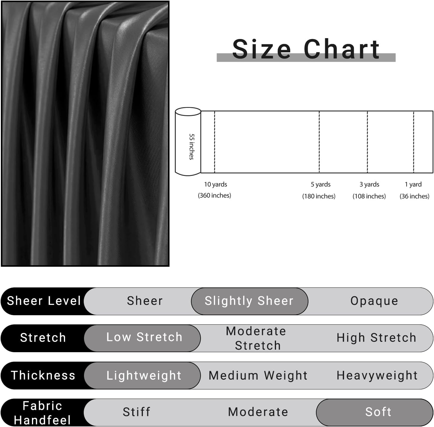 Q&J Fabric Co. Black Satin Fabric by The Yard Soft Charmeuse Cloth Silky Fabric Polyester Fabric 55'' for DIY Sewing Crafts Wedding Dresses & Party Decor | Smooth, Shiny & Wrinkle-Resistant (1 Yard)