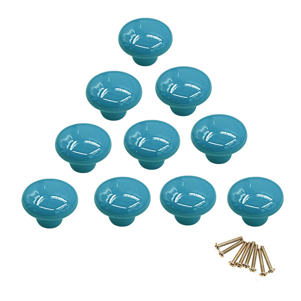 10Pcs Round Colorful Ceramic Cabinet Knobs Single Hole Pull Handle for Drawer,Cupboard,Dresser,Door (Blue)