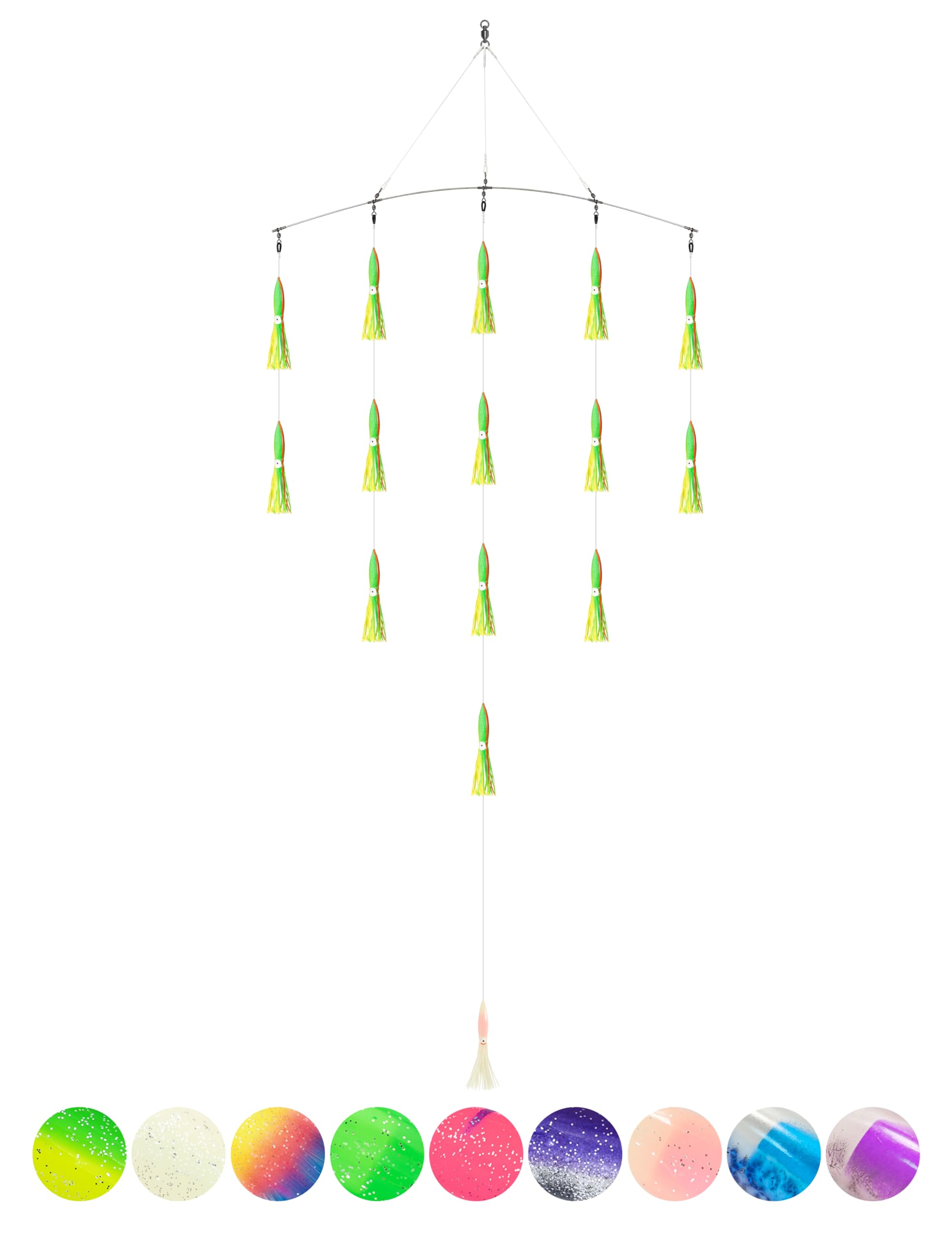 BLUEWING 36" Upgraded Fishing Spreader Bar Formation with 6" Floating Squids and 316 Stainless Steel Rod Offshore Spreader Bar for Wahoo Tuna Marlin Mahi Mahi, Yellow/Green