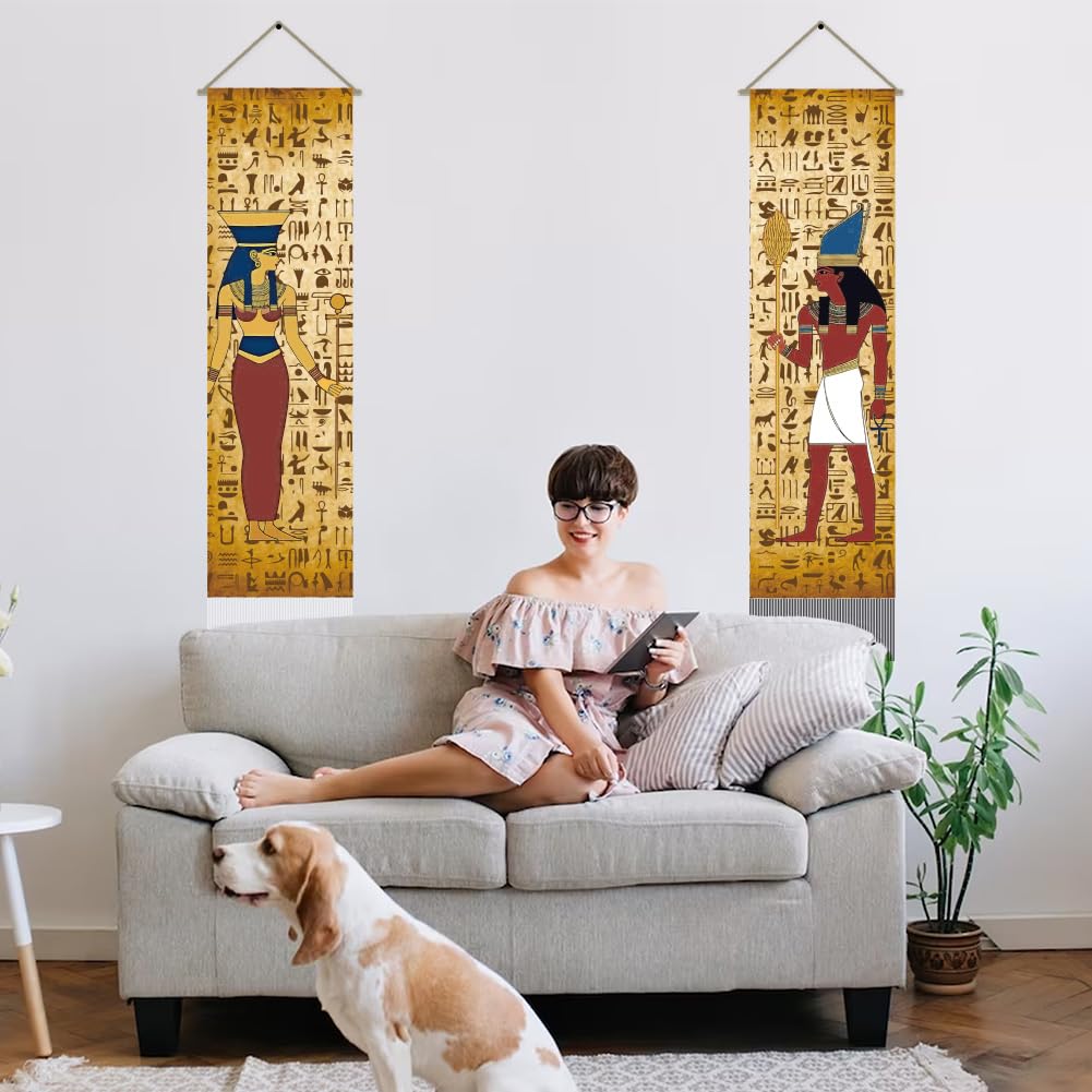 AHANDMAKER 2 tapices jeroglíficos de Egipto, tapiz jeroglífico vertical del antiguo Egipto para colgar en la pared, tapiz de pared con borla con temática egipcia para dormitorio, sala de estar (45.7 x