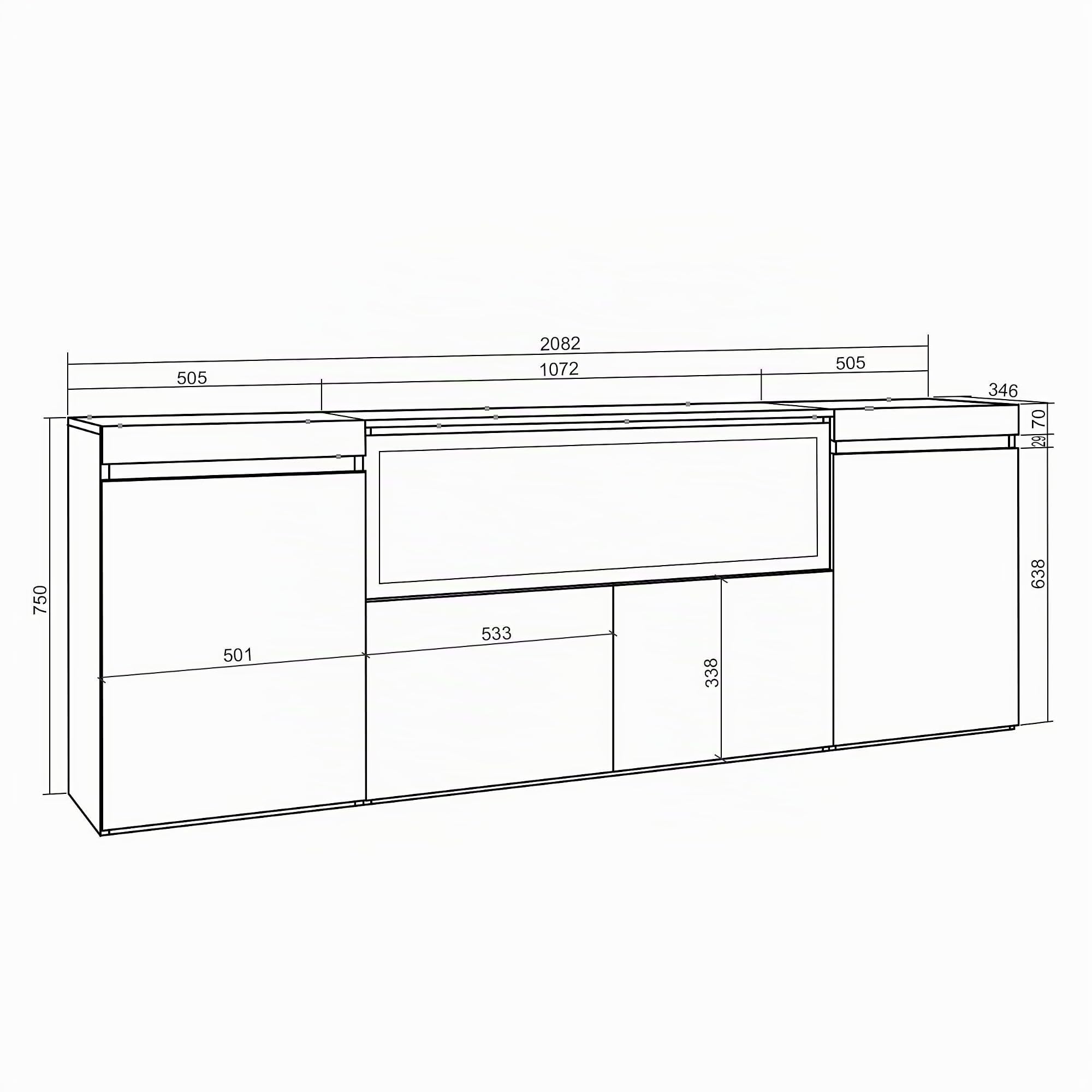 Skraut Home | Credenza, Mobile, Cucina | Madia, mobile ingresso | 210 | 4 Porte | Camino elettrico XXL | Stile moderno | Rovere e nero