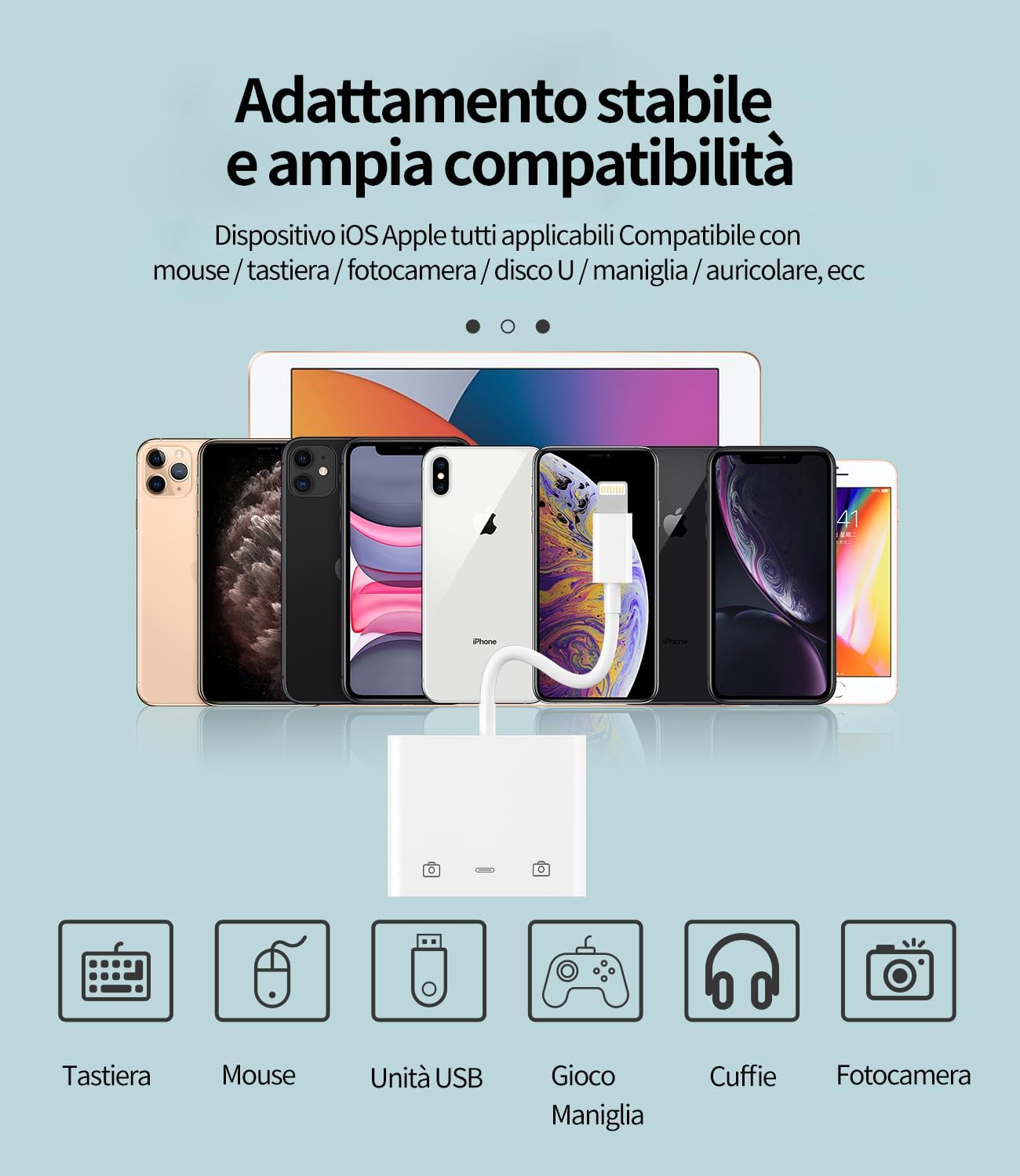 Adattatore Lightning USB 3.0 Per Apple iPhone iPad (3 in 1) Ricarica Cavo OTG Da Camera Chiavetta Lettore Schede Tastiera Telefono Reader Card Jack Chiavette Fotocamera Memoria Mouse Trasferire ip