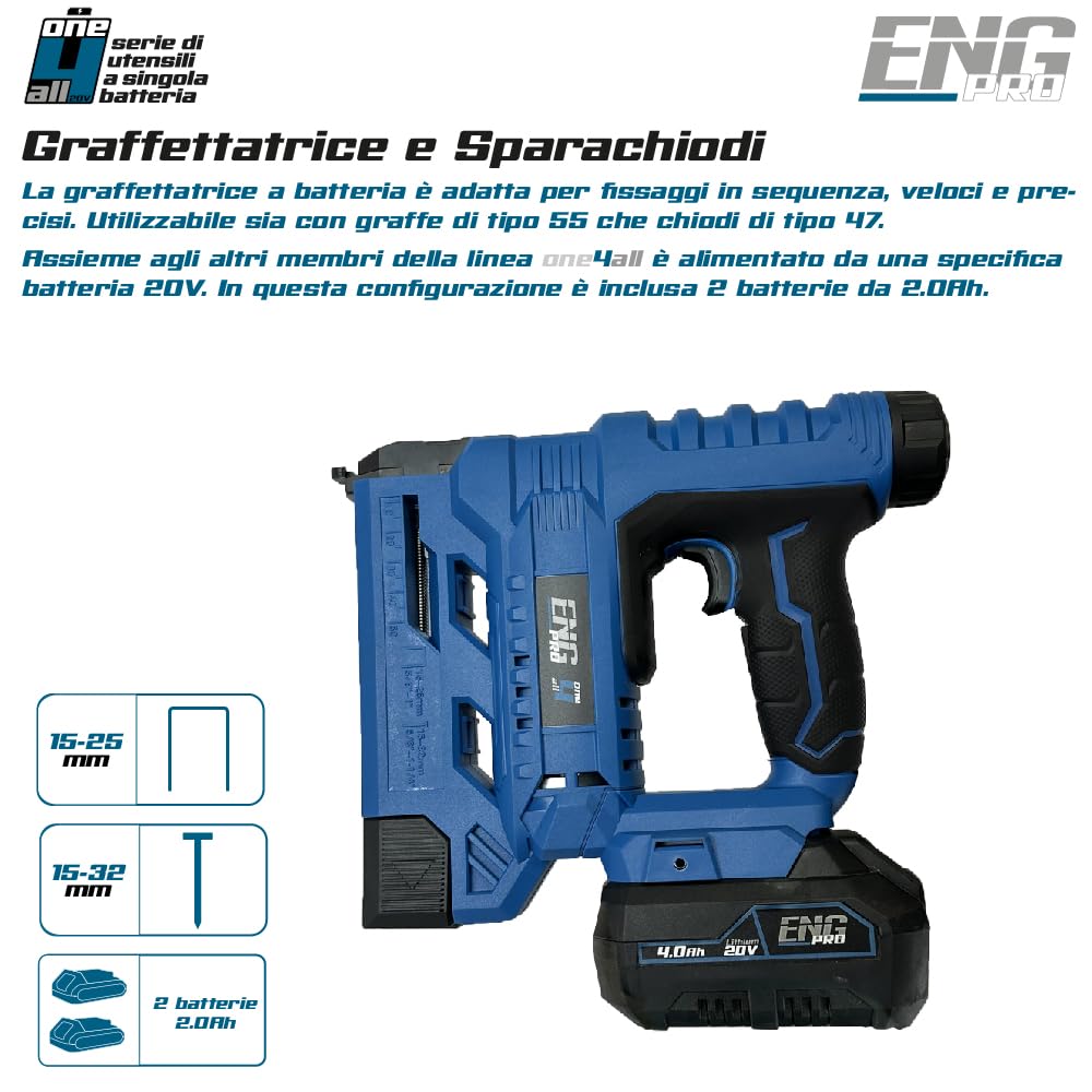 Graffettatrice e Sparachiodi 2-in-1 | Linea Professionale ONE4ALL 20V | 30 Colpi al Minuto, 6 Regolazioni di Pressione | Sicurezza Ergonomica, Luce LED | 2 Batterie 2.0 Ah