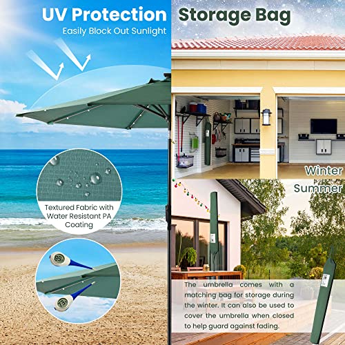 Sun-Ray 9ft Round Patio Umbrella, 94in. Tall Table Umbrella with 32 Diamond Shaped Solar Lights with Aluminum Black Frame and Hunter Green Fabric for Patio, Backyard, Deck, Camping, and Beach