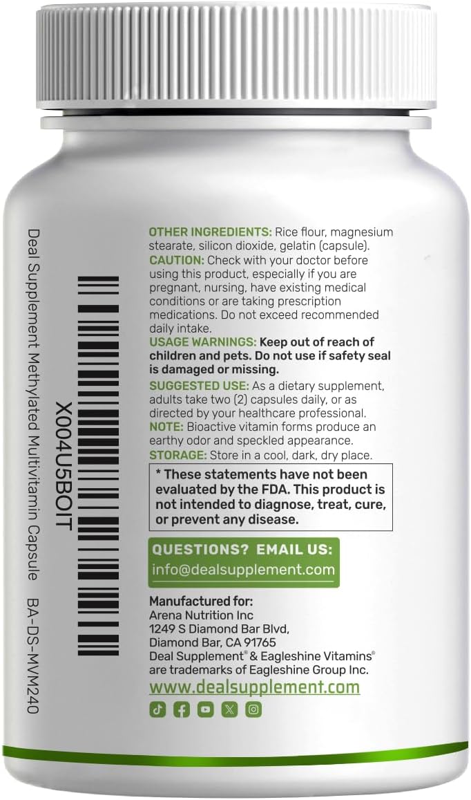 DEAL SUPPLEMENT Methylated Multivitamin for Men & Women, 240 Capsules | 100% DV Vitamins & Minerals | Activated B-Complex & Chelated Minerals, with CoQ10, TMG & ALA | Non-GMO, cGMP Manufactured - Image 7