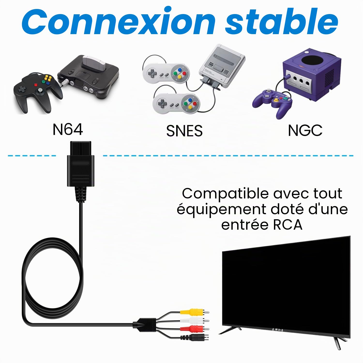 OSTENT Câble Vidéo HD Vidéo Composite S-Vidéo RCA AV Compatible pour Nintendo 64 N64 SNES SFC NGC