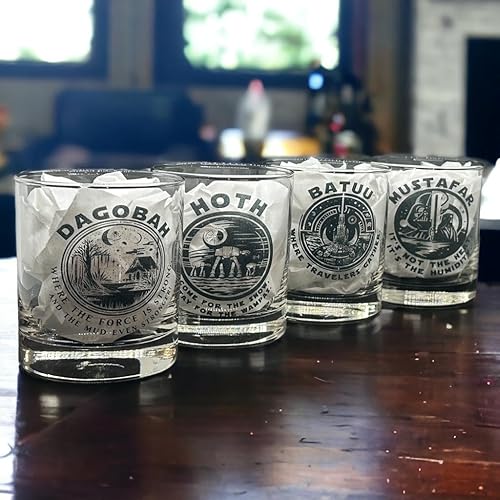 Miniatura 2 de SW - Juego de 4 vasos de whisky con diseño de rocas grabadas inspiradas en los paisajes únicos del universo Star Fandom Wars. Hoth, Dagobah,
