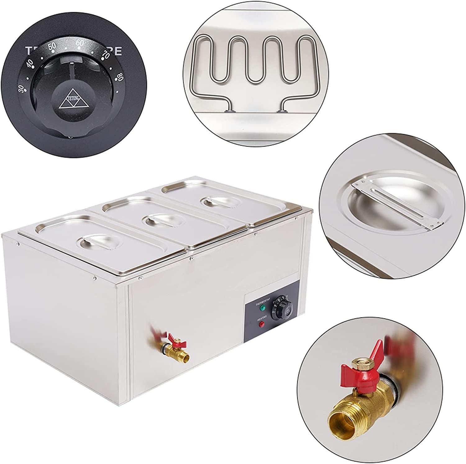 Scaldavivande Elettrico, scaldavivande da Tavolo a Vapore con 3 teglie, scaldavivande elettrici da banco Commerciali Alimenti, capacità stoccaggio Buffet in Acciaio Inossidabile Hotel e ristoranti