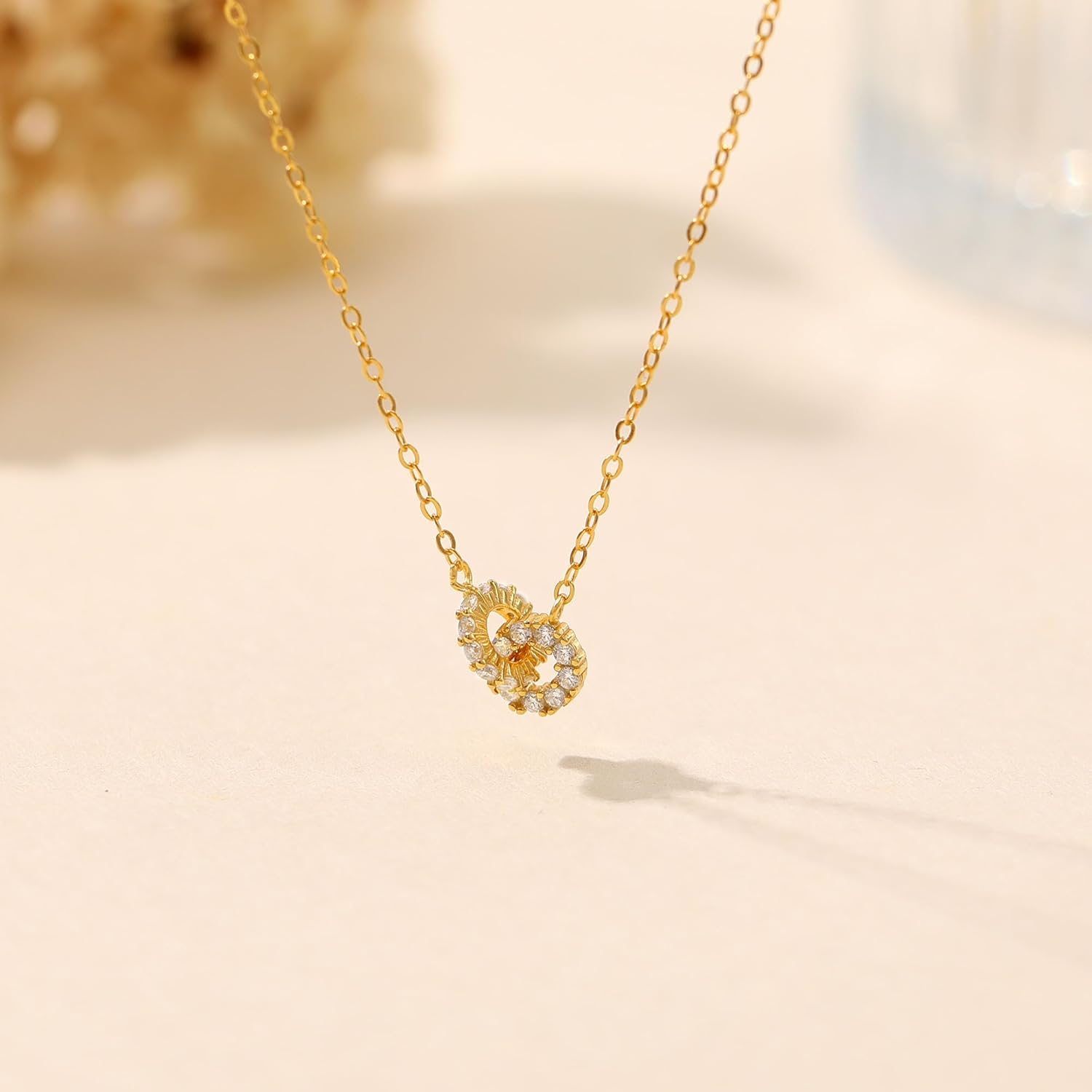 925 Sterling Silver Dainty Interlocking Circles Necklaces for Women 14K Gold Plated Double Hoop CZ Pendant Necklace Lobster Buckle to Daughter Mother Friendship Wedding Christmas Jewelry Gift for Her - Image 6