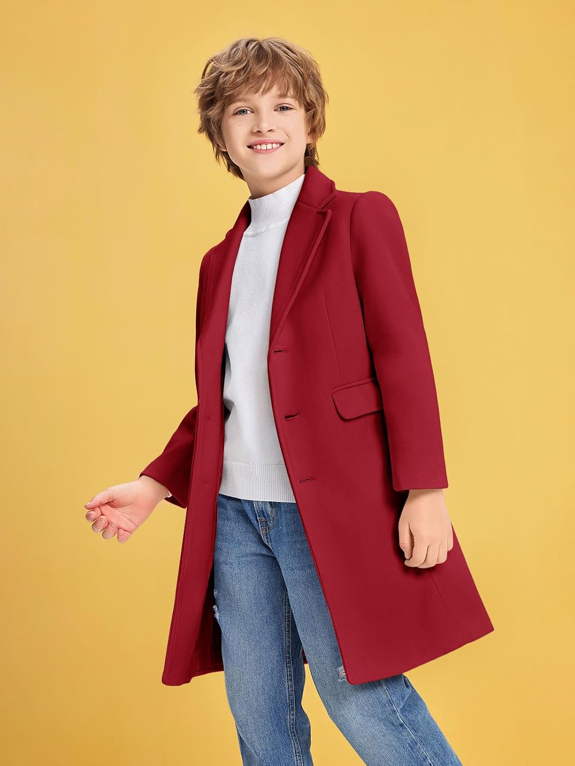 Haloumoning Boys Casual Trench Coat Kids Winter Notch Lapel Long Jacket Single Breasted Pea Coat with Pockets 4-14Y
