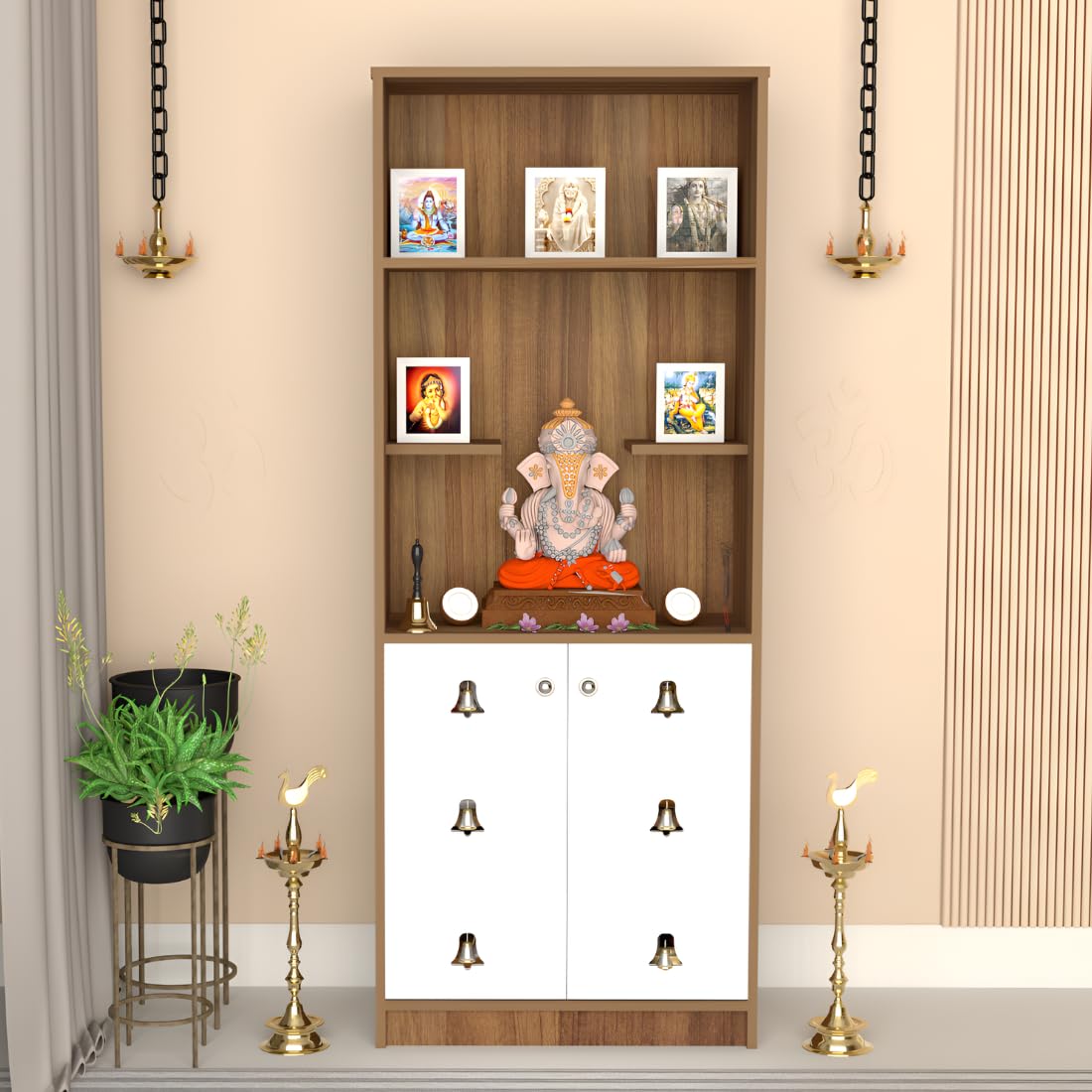 OM Mandir, Temple Pooja Unit for Home with Storage Cabinet, Floor Standing Puja Room Altar,‎ Organize Spiritual Essentials & Offerings for Temple Living Room - Leon Teak 175 x 78 x 30 Cm-image-16