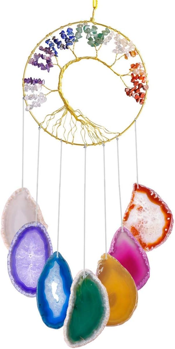 SUNYIK Tree of Life Agate Slice Wind Chime & Rose Quartz Heart Shape Hanging Ornament