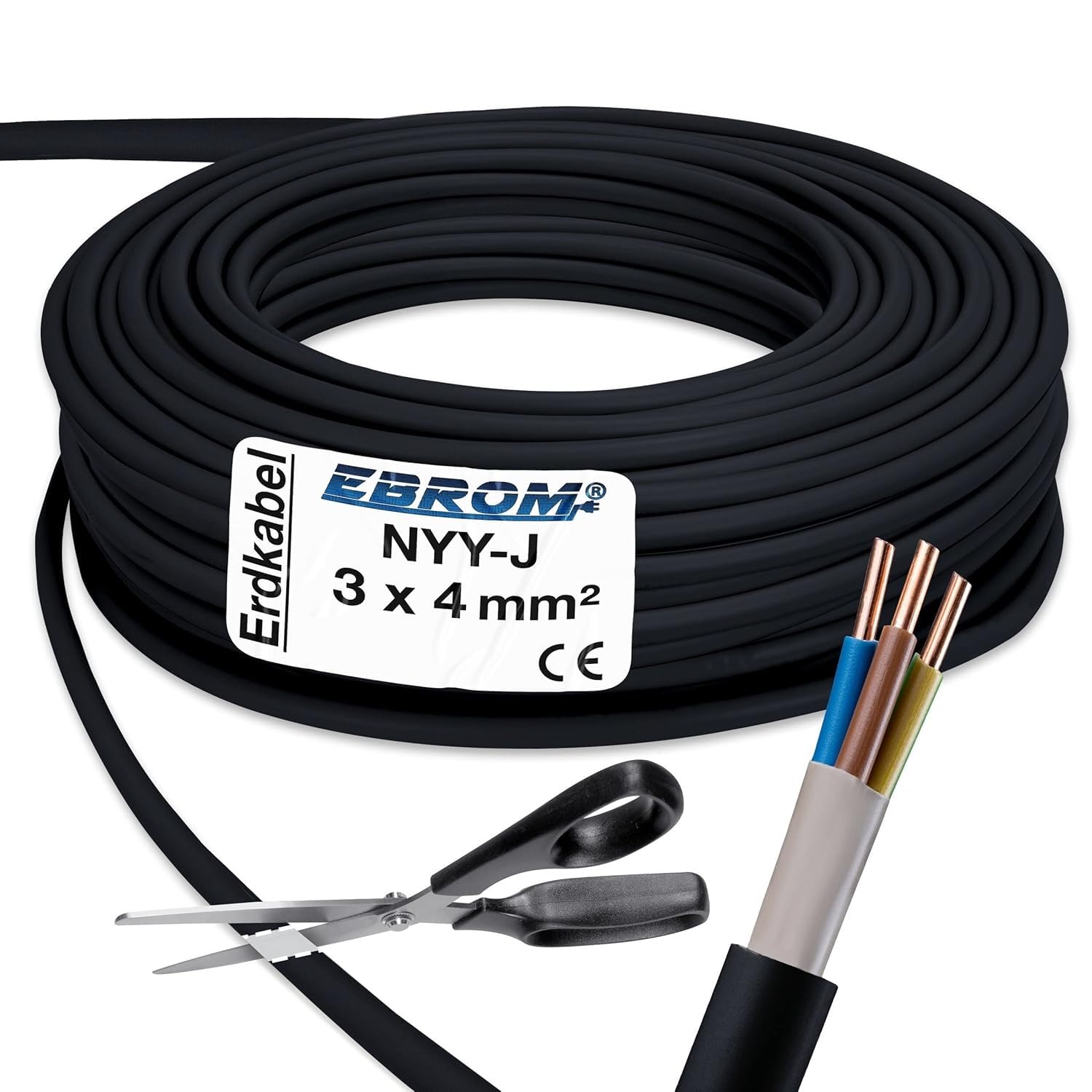 EBROM Erdkabel NYY-J 3x4 mm² Starkstromkabel Erdleitung schwarz - 10 m | 5 m bis 100 m - Elektrokabel zur Verlegung im freien oder im Erdreich - VDE 0276, Teil 603 - Nennspannung: 600/1000V, 3x4 mm2