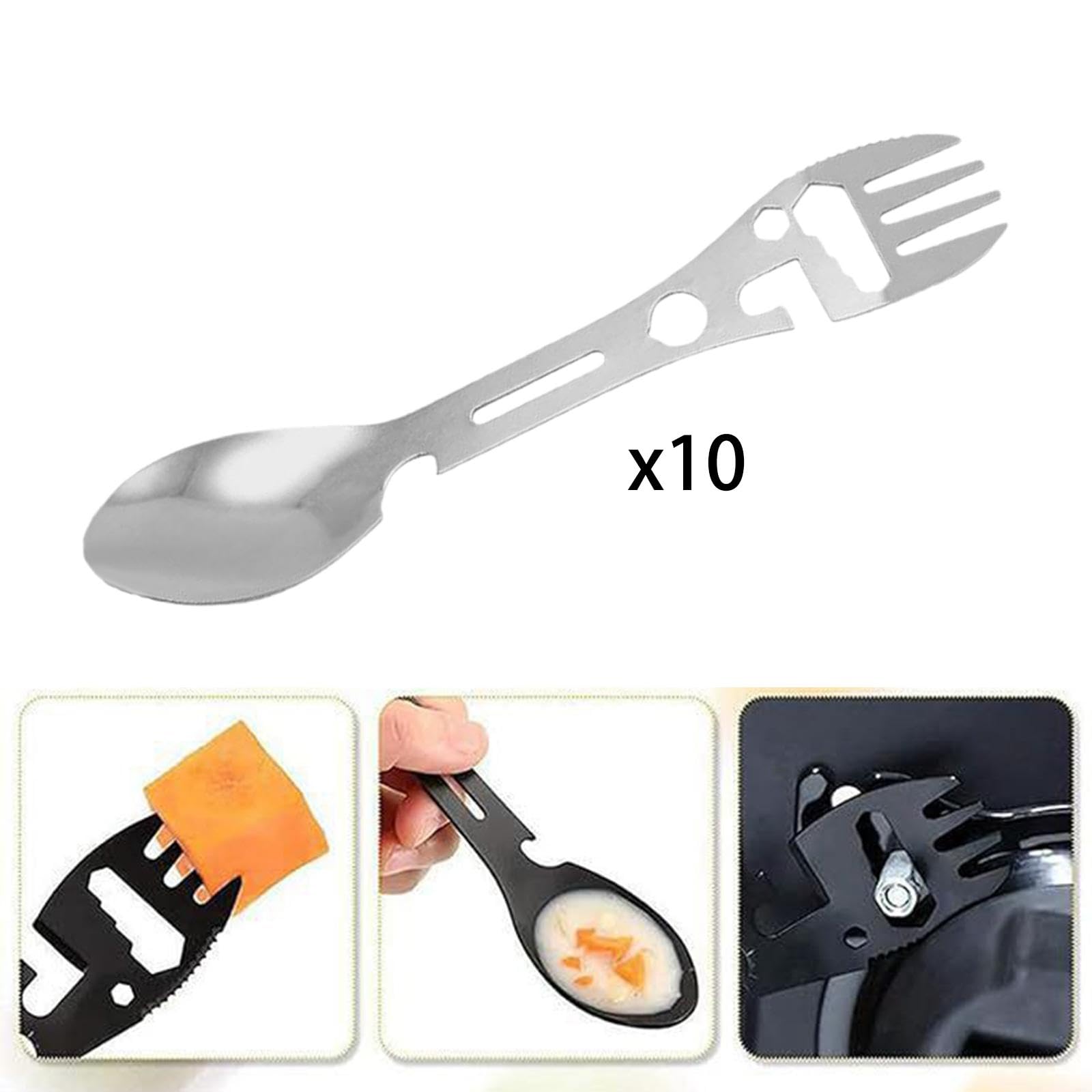 Yiju 10Pcs Multifunction Camping Spork Fork & Eating Tool Cutlery Wrench Can and Bottle Opener for Picnic Traveling Camping, Silver