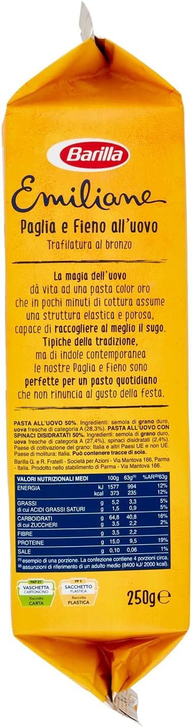Italian Gourmet E.R. Barilla Pasta all' Uovo Le Emiliane Paglia e Fieno, 12 unidades de pasta de huevo, pasta con huevo 250 g + polpa italiana gourmet 400 g