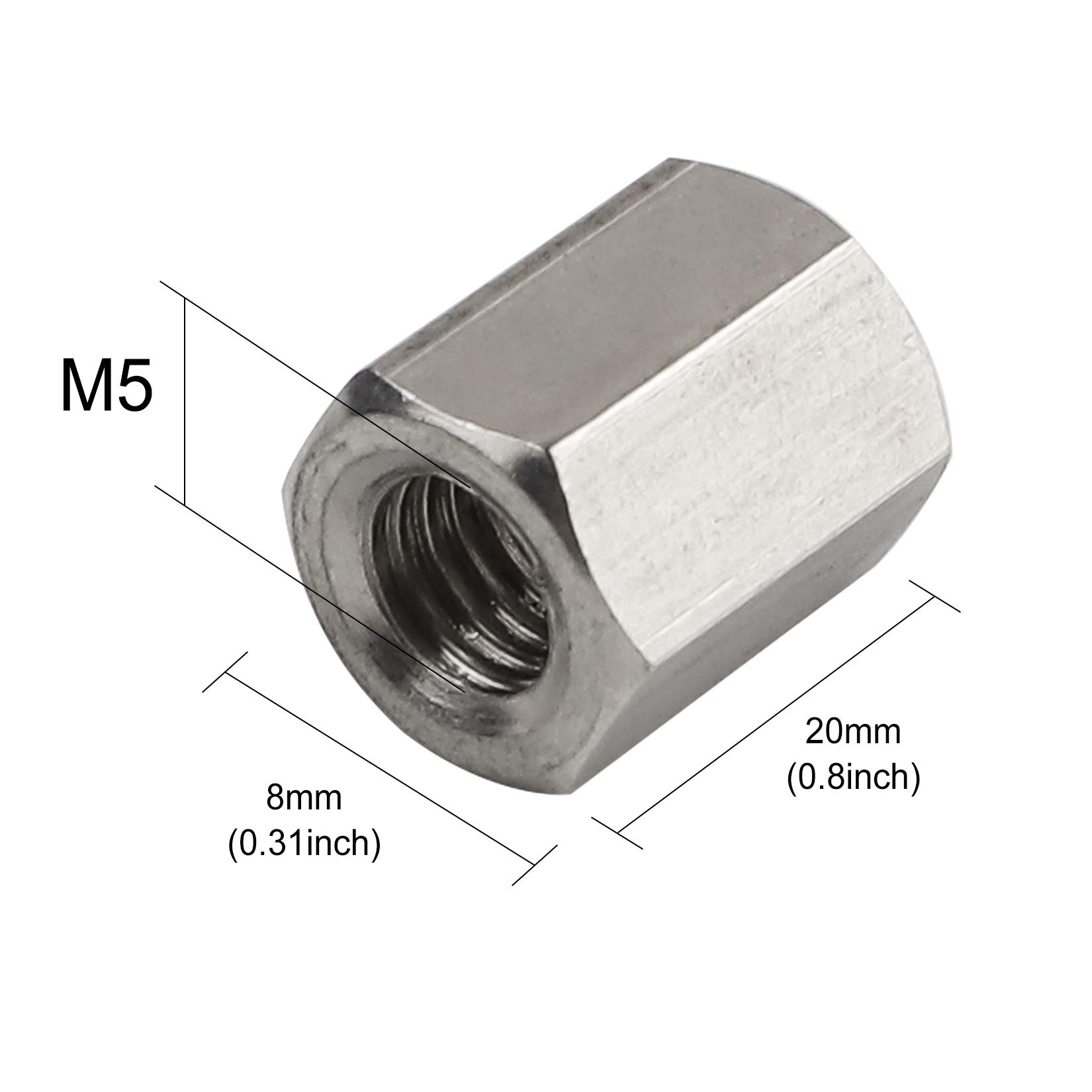 10-Pack M5 X 0.8 X 15mm Stainless Steel Long Coupling Hex Nuts – US Stock, Connector Nuts-610730