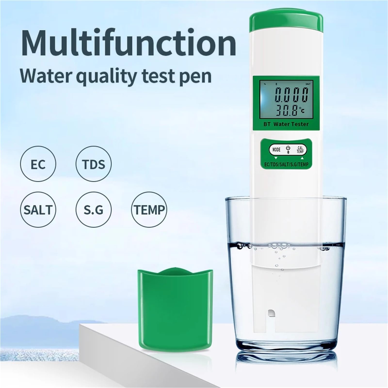 Tester Digitale 5 in 1 for la qualità Acqua, Portatile, Bluetooth, EC, TDS, Sale, SG, Temp, Controllo Tramite App, Test accurato multilingue