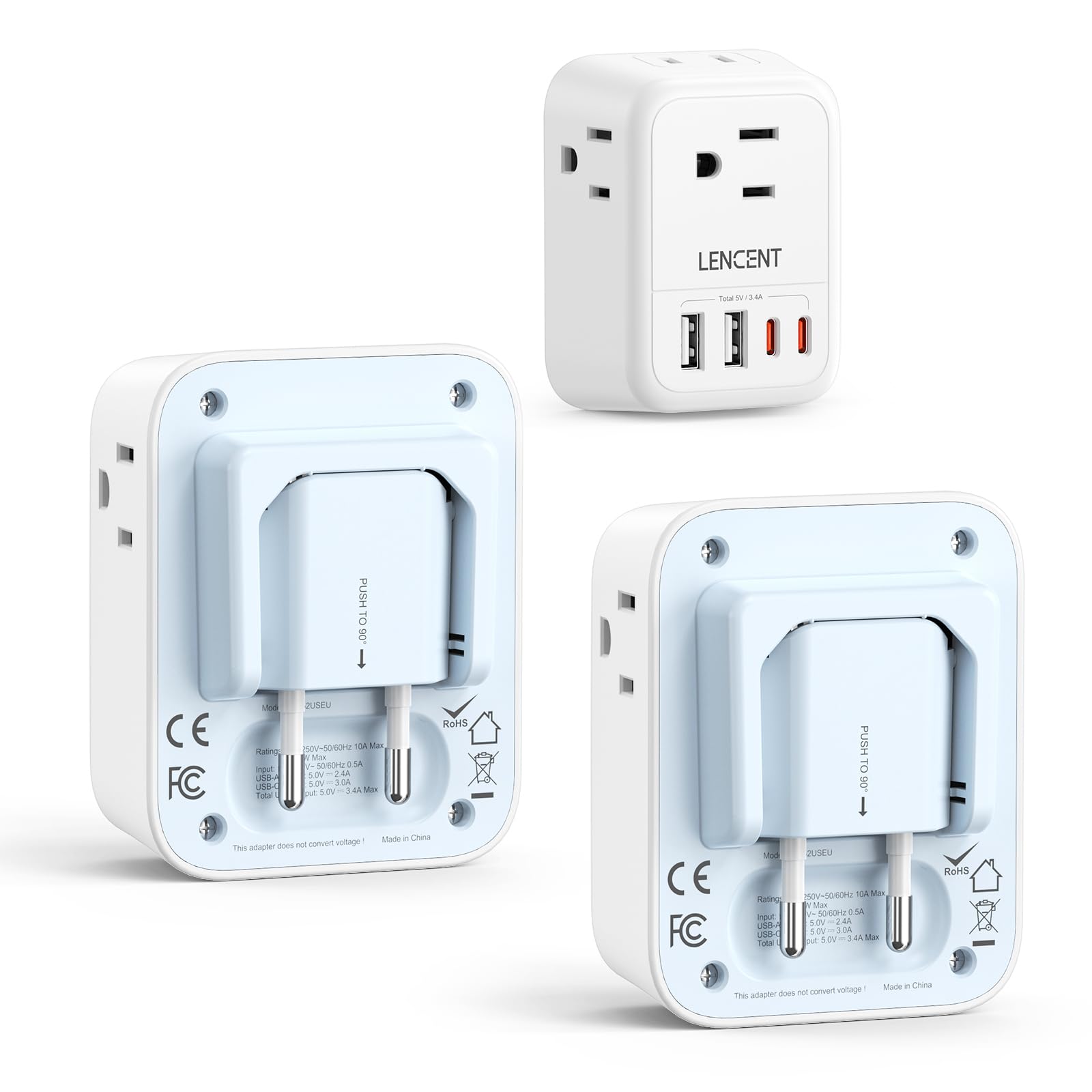 LENCENT 2 Pack European Travel Plug Adapter, Foldable US to Europe Plug Adapter with 4 Outlets, 4 USB Charger Adapter, Type C Power Adaptor for USA to Italy Spain France Portugal Iceland Germany