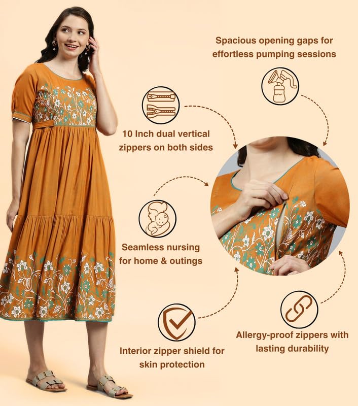 Image of DUMMY SHAPE Maternity Dresses for Women Cotton | Feeding Anarkali Kurta with Concealed Nursing Zippers for Pre & Post Pregnancy | Mom to Be Gifts