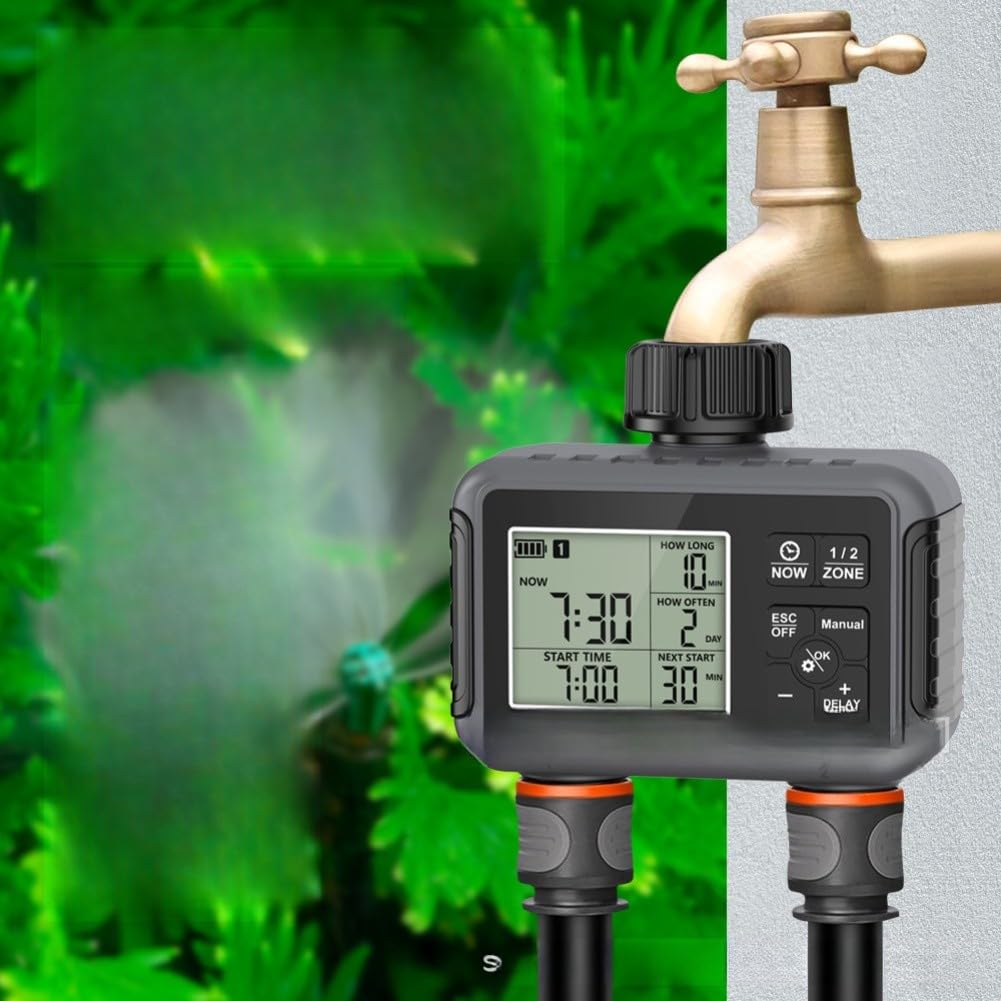 Temporizador de agua programable para grifo de jardín con configuración de entrada y salida de zonas duales independientes y capacidad de anulación manual