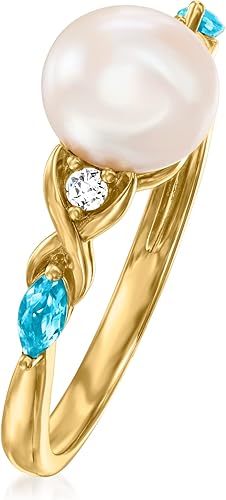 Miniatura 3 de Ross-Simons Anillo de topacio azul suizo de 7 a 0295in y perla cultivada de 010 quilates con detalles de diamante en oro amarillo de 14 quilates