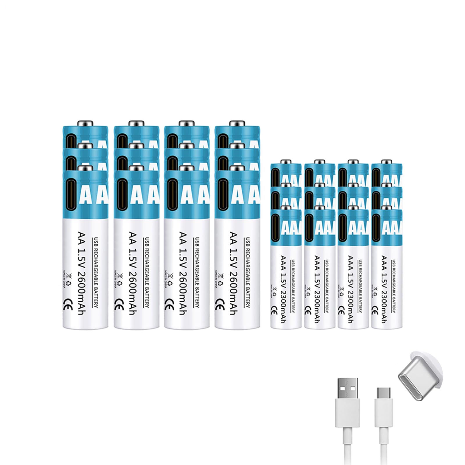 Baterías Recargables AA+AAA 1,5 V 2600 mAh + 2300 mAh batería de Iones de Litio de Alto Rendimiento Carga rápida USB-C (con Cable) para Juguetes/teclados,2600mah+2300mah,12pcs