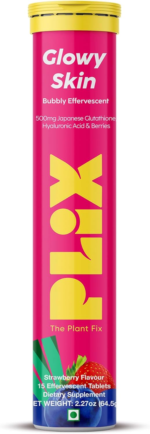 PLIX Glowy Skin 500mg Glutathione Supplement with Hyaluronic Acid, Vitamin C, E & Berries | 15 Effervescent Tablets, Strawberry Flavor