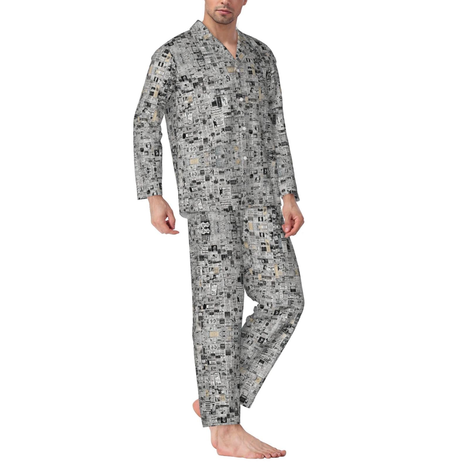 Conjunto de pijama para hombre con estampado de periódico HD, pijama suave de manga larga con botones y bolsillos
