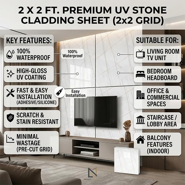 Image of WALLVEAR 2x2 Ft UV Marble Wall Panel Sheet Gold Line Design, Pack of 4