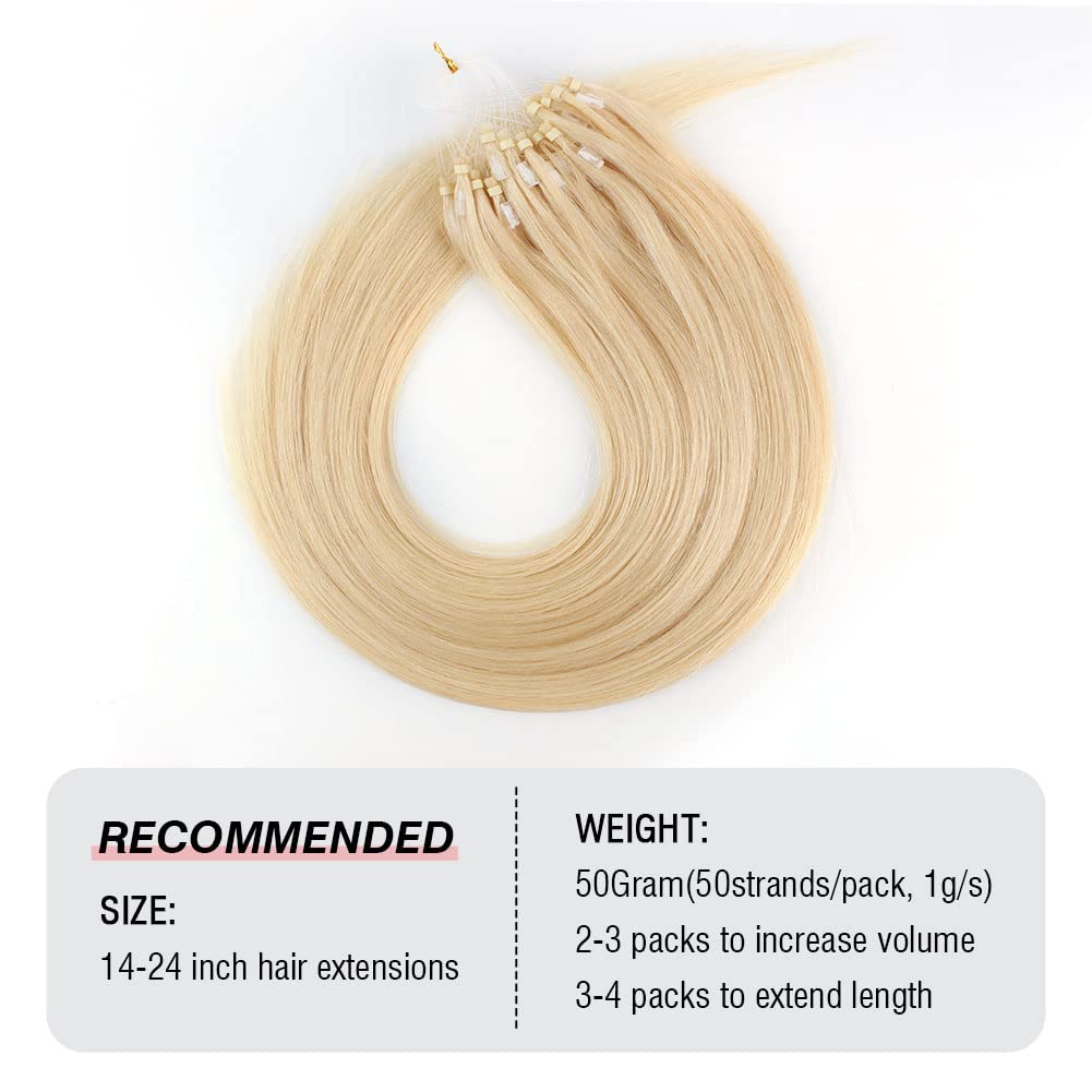 ABH AmazingBeauty Hair Micro Loop Hair Extensions Human Hair Blonde Micro Ring Hair Extensions 50G 50S Microbead Hair Extensions Invisible 16 Inch Color #60 Blonde Microlinks Hair Extensions - Image 4