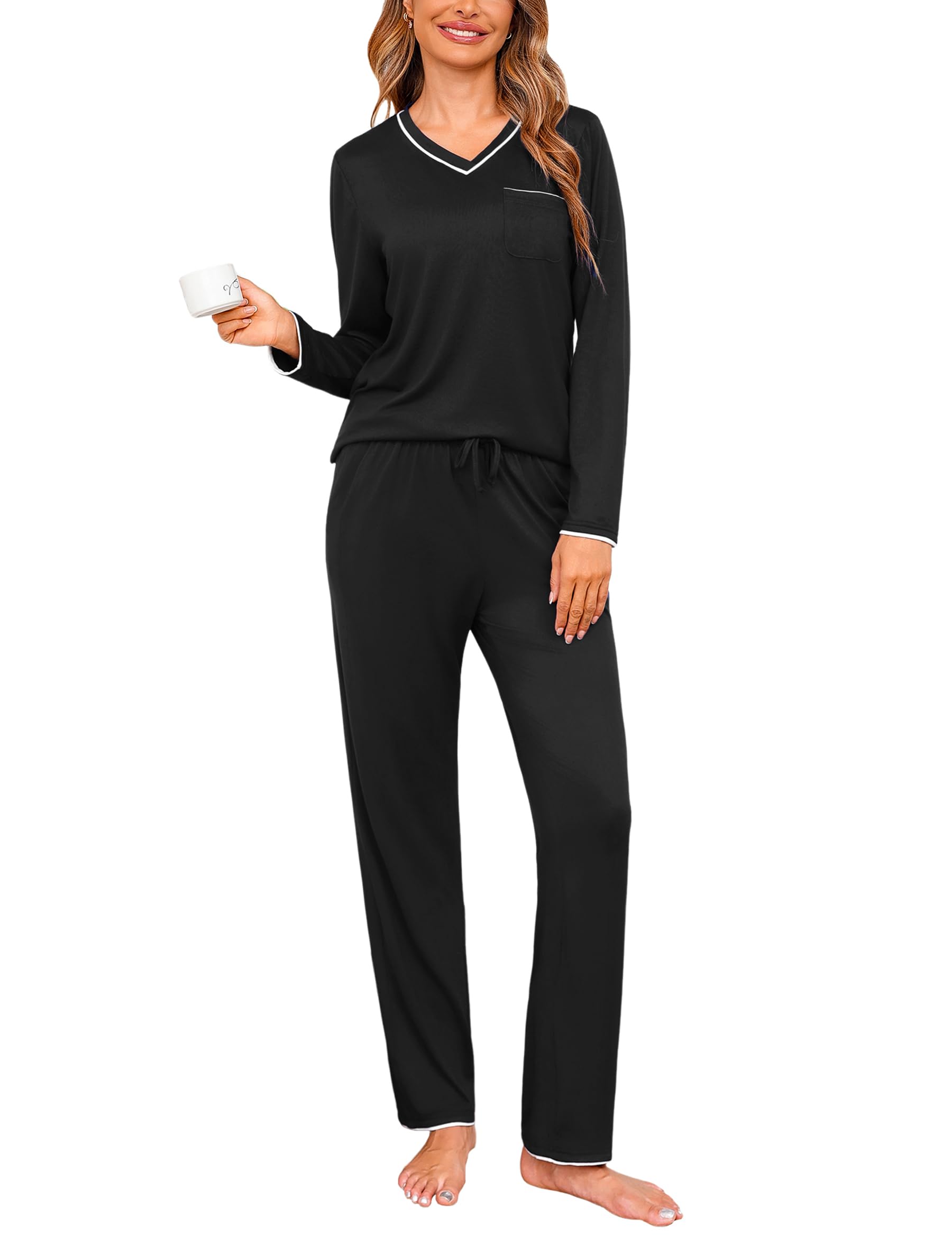 Demegimi Pigiama Donna Invernale Cotone Pigiama Lungo da Donna con a Maniche Lunghe Girocollo con Stampa Set Due Pezzi Pajamas