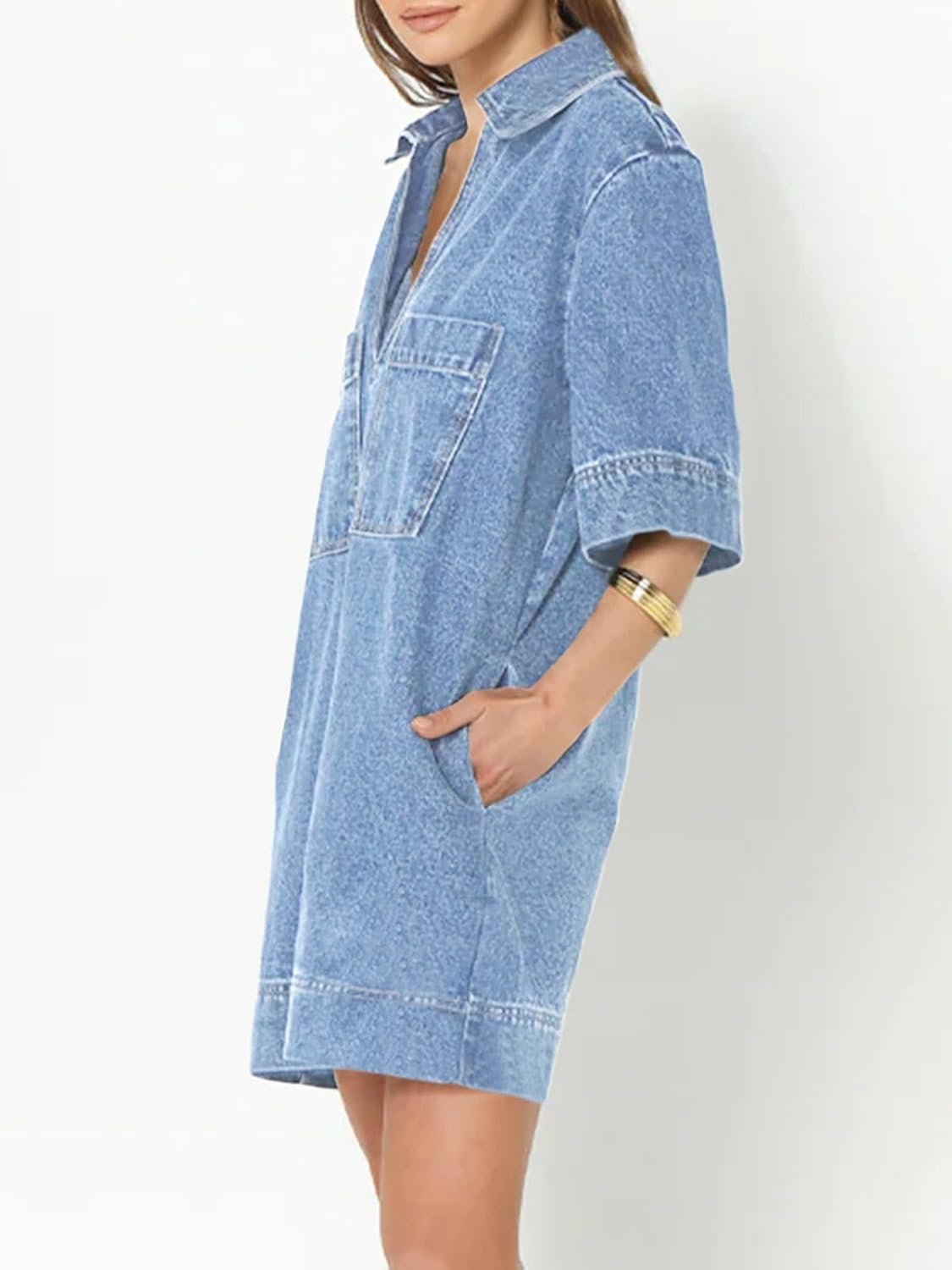 Fisoew Womens Denim Shirt Dress Summer Collared V Neck Mini Casual Jean Dresses with Pockets - Image 2