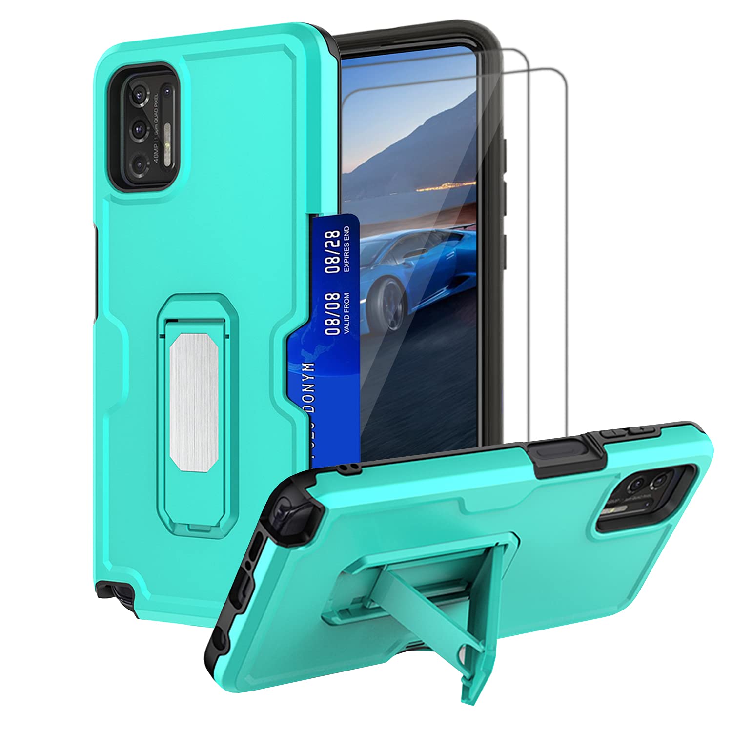 Case for Moto G Stylus 2021 with 2 Tempered Glass Screen Protector,Built Magnetic Kickstand,Credit Card Slot Wallet Phone Case,Hybrid Heavy Duty Cover Case Compatible Motorola G Stylus 2021 -Green
