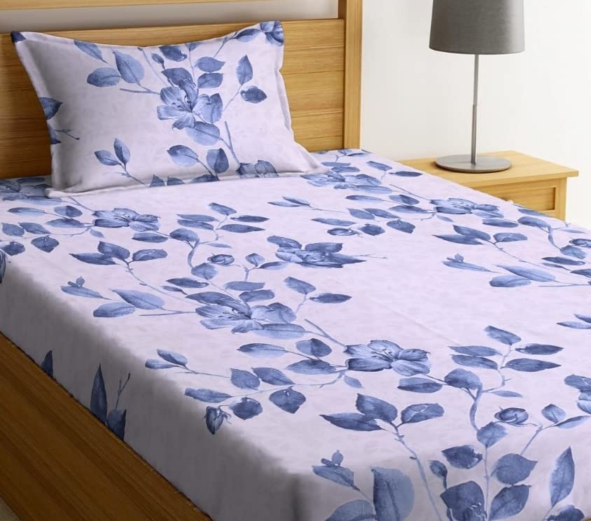 Image of NHD HOME Premium Glace Cotton 180 TC Flat Single Bedsheets for Summer Breathable | Wrinklefree (Size-60 X 90 Inch) with 1 Pillow Covers (Size-17 X 27 Inches, Blue Leaf Printers)
